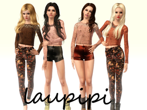 Sims 3 — Autumm Set by laupipi2 — Two embellished jumpers. Leather recolorable shorts. Printed not recolorable leggins.