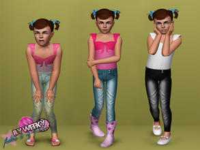 Sims 3 — Who's laughing now - outfit by Weeky — Top with ribbon and sleeves. Bleach denim jeans with buttons and other
