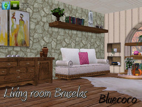 Sims 3 — Living Room Bruselas by bluecoco2 — Living rustic composed console, sofa, cushions, curtains, wall shelves as