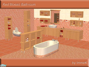 Sims 2 — Red Mosaic Bathroom by ImmeK — A simple bathroom with cabinets of oiled beech and tiles in various shades of red