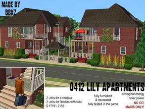 Sims 2 — 0412 Lily Apartments by BBKZ — $1719 - $2152; 4 units: 2 for a couples, 2 for families with kids; fully