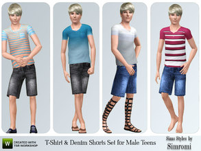 Sims 3 — T-Shirt and Denim Shorts Set for Teen Males by simromi — Trendy V Neck T-shirt and denim shorts for your male