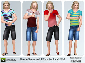 Sims 3 — Denim Shorts & T-Shirt-Set for YA/AM by simromi — Trendy V Neck T-shirt and denim shorts for your male adult
