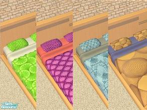 Sims 2 — GoForFink Bedding Set 001 by GoForFink — Set of 4 bed covers for your sims. Purple/pink, blue/grey, blue/orange