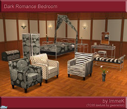 Sims 2 — Dark Romance Bedroom by ImmeK — A romantic bedroom in shades of black and white with red accents, based on a