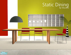Sims 2 — Static Diningroom by Murano — A diningroom with six meshes. Contains chair, ceiling lamp, plant, rug, shelf,