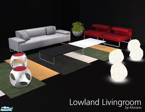 Sims 2 — Lowland Livingroom by Murano — Livingroom with 7 new meshes. Contains sofa, seat, chair, rug, plant, floor lamp