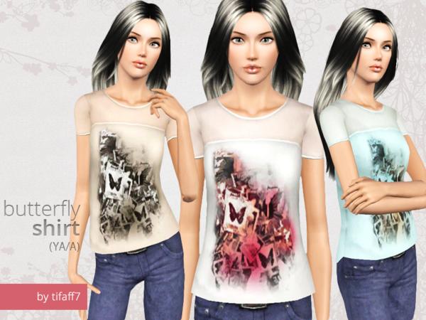 Sims 3 — Butterfly Shirt (YA/A) by tifaff72 — Shirt with butterfly. YA/A female. 4 recolorable channels.