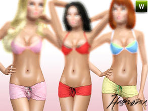 Sims 3 — Belle Lace Lowrider Hotpants by Harmonia — 3 Variations. Recolorable Floral lace overlay.