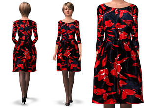 Sims 3 — FLORAL PRINT DRESS by SimDetails — Elegant floral print dress for your elder Sim. Navy background, red and white