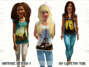Sims 3 — Vintage Set No 1 by Lutetia — This clothing set contains a printed shirt and bleached denim pants Works for