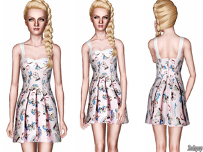 Sims 3 — Bow Accented Multi-print Dress by zodapop — Pink, pleated cotton dress that showcases a bow accent and