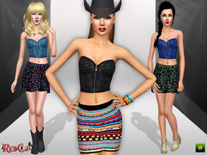 Sims 3 — Chic Country Set by RedCat — Denim Bralet: 2 Recolorable Channels. 3 Variations Included. Game Mesh. Flower