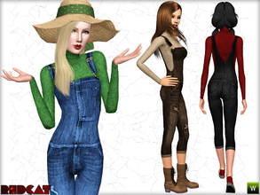 Sims 3 — Farmer Jumpsuit with Sweater by RedCat — 3 Recolorable Channels. 3 Variations Included. Game Mesh.