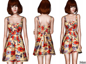 Sims 3 — Embellished Floral A-line Dress by zodapop — Darling cream, button-embellished frock. The bright-orange and