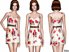Sims 3 — Belted Peony Print Dress by zodapop — Crisp white and floral dress featuring a painterly print of sunset-hued