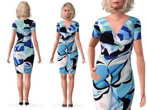 Sims 3 — STYLISH SENIORS COLLECTION - 02 by SimDetails — A vibrant geometric printed wrap dress in shades of blue.