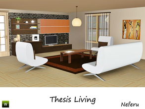 Sims 3 — Thesis Living by Neferu2 — Modern Living with 10 new meshes. Includes: Wall Shelf, Sideboard, Coffee table,