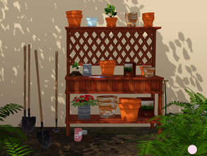 Sims 3 — Potting Set by DOT — Potting Set. Contemporary Wood Potting Bench, included Clay and Tin Can Pots filled with
