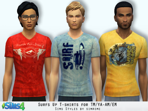 Sims 4 — Surf's Up Tee Shirt for TM-YA/AM-EM by simromi — Kowabunga Dude! Surfer Tee Shirts for your male Sim. Comes in 3
