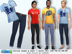 Sims 4 — Cuffed Jeans and Surfer Tee Shirt Set AM by simromi — Kowabunga Dude! This set includes cuffed jeans and Tee