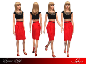 Sims 4 — Summer Style  by Lulu265 — A black lace crop top and red , belted knee length skirt recoloured from