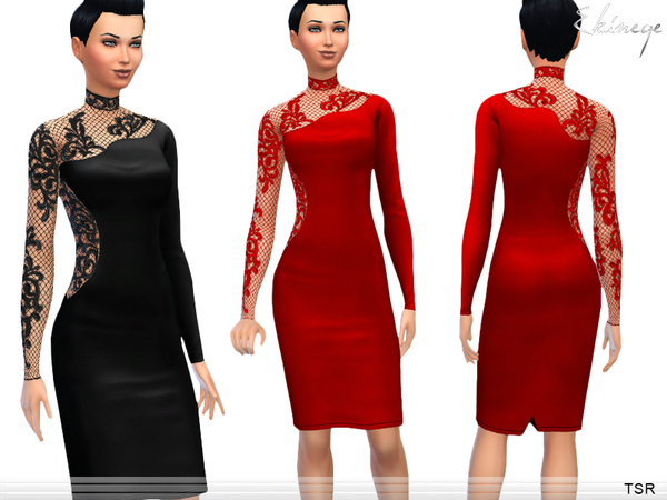 Sims 4 — Lace Panel Midi Dress by ekinege — High collar. Transparent areas. Long sleeves. Lace panels. 2 different