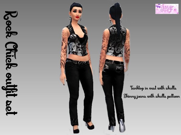 Sims 4 — Black skinny jeans with skulls by IzzieMcFire — These black skinny jeans belong to the vest as a set. I used a
