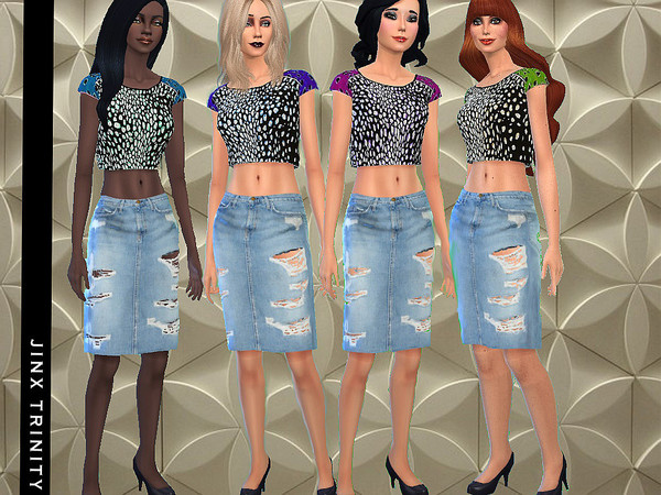 Sims 4 — Funky Top and Trashy Skirt by JinxTrinity — Short silk top with funky pattern in sharp colors Both retextured