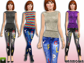 Sims 3 — Metallic Knitted Top ~ Sequin Jeans by Harmonia — Metallic knitted top and jeans with sequin letters at front