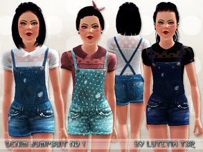 Sims 3 — Denim Jumpsuit No 1 by Lutetia — A cute denim jumpsuit combined with a blouse with a sheer and dotted part and