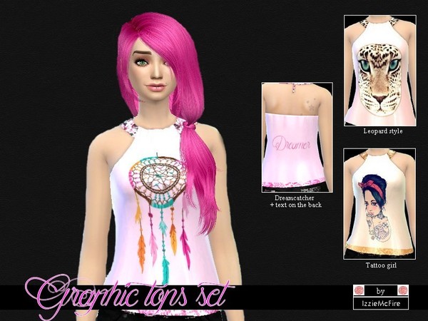 Sims 4 — Graphic top with dreamcatcher + text by IzzieMcFire — This top belongs to the other tops as a set. A light pink
