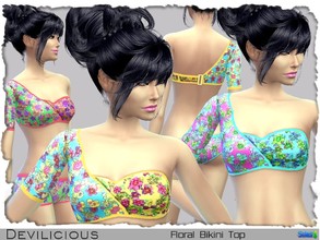 Sims 4 — Floral Bikini Top by Devilicious — Cute bikini top with a floral pattern and one sleeve, comes in 3 recolors.