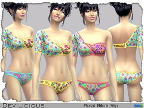 Sims 4 — Floral Bikini Slip by Devilicious — Bikini slip with a floral pattern and one sleeve, comes in 4 recolors.