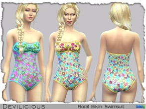 Sims 4 — Floral Swimsuit by Devilicious — Swimsuit with a floral pattern and one sleeve, comes in 2 recolors. Standalone