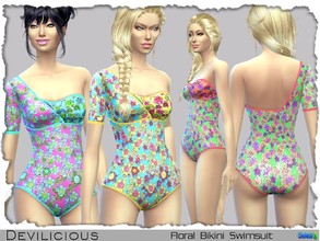 Sims 4 — Floral Swimsuit with Sleeve by Devilicious — Swimsuit with a floral pattern and one sleeve, comes in 3 recolors.