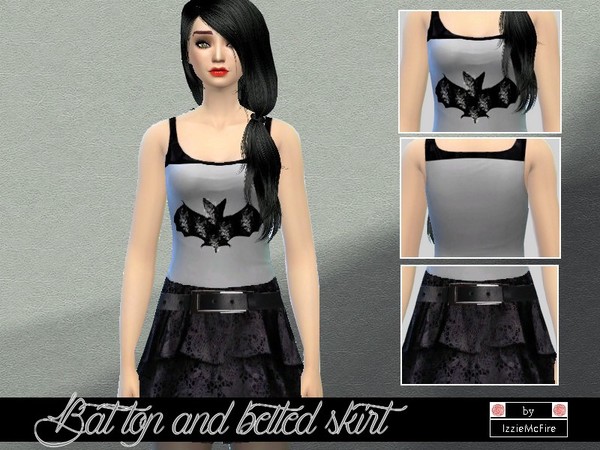 Sims 4 — Bat tanktop and belted skirt outfit set by IzzieMcFire — This outfit set contains a grey tight tucked tanktop