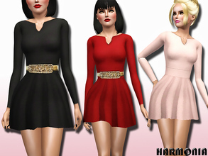 Sims 3 — Long Sleeves V-neck Skater Dress by Harmonia — Custom Mesh By Harmonia 3 Variations. Recolorable with belt