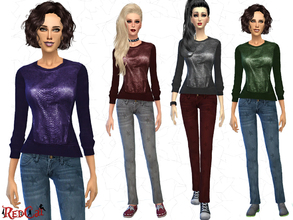Sims 4 — Downtown Set by RedCat — Snake Leather Sweater: 4 different colors. Jeans with Star Print: 3 different colors.