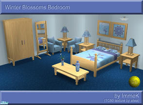 Sims 2 — Winter Blossoms Bedroom by ImmeK — A bedroom in cool shades of blue, with light wooden furniture, based on a