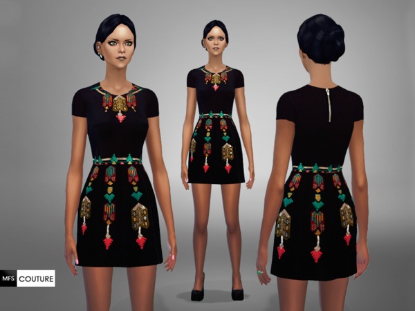 Sims 4 — MFS Melanie Dress by MissFortune — Black cocktail dress with colorful prints. Standalone, HQ Texture, only one