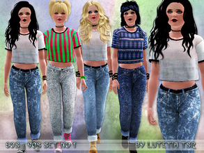 Sims 3 — 80s~90s Set No 1 by Lutetia — This set contains a wide cropped shirt and a pair of jeans in the style of the
