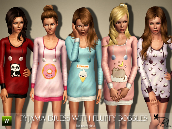 Sims 3 — Teen Pyjama Dress with Fluffy Bobbles by Black_Lily — Pyjama Dress with Fluffy Bobbles for teen girls Sleepwear