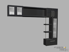 Sims 4 — Altara Wall Unit by NynaeveDesign — This wall unit has three glass cabinet doors and storage shelves for all of