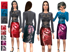 Sims 4 — SET Shiny Star by Weeky — SET includes Embellished Eyelet Heart Silk Blouse and fluted sequin skirt.