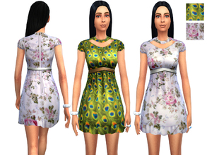 Sims 4 — Printed Dress - 2 Designs by Weeky — Printed dress in peacock and floral design with cut parts. Base game mesh.