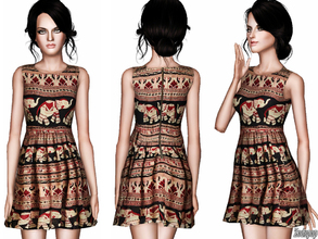 Sims 3 — Multi-print Babydoll Dress by zodapop — Rows of intricate elephants parade among geometric stripes on this