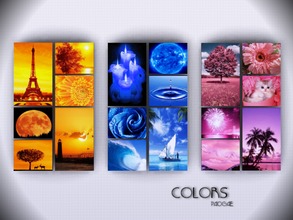 Sims 4 — Colors by Paogae — Three paintings in three colors, orange, blue and pink, with various subjects. Perfect