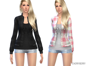 Sims 4 — Cute Jacket by CherryBerrySim — Cute jacket with picnic pattern and Eiffel tower print. Comes in two different