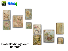 Sims 4 — kardofe_Emerald dining room_ Pictures of flowers by kardofe — Five worn panels painted with delicate motifs